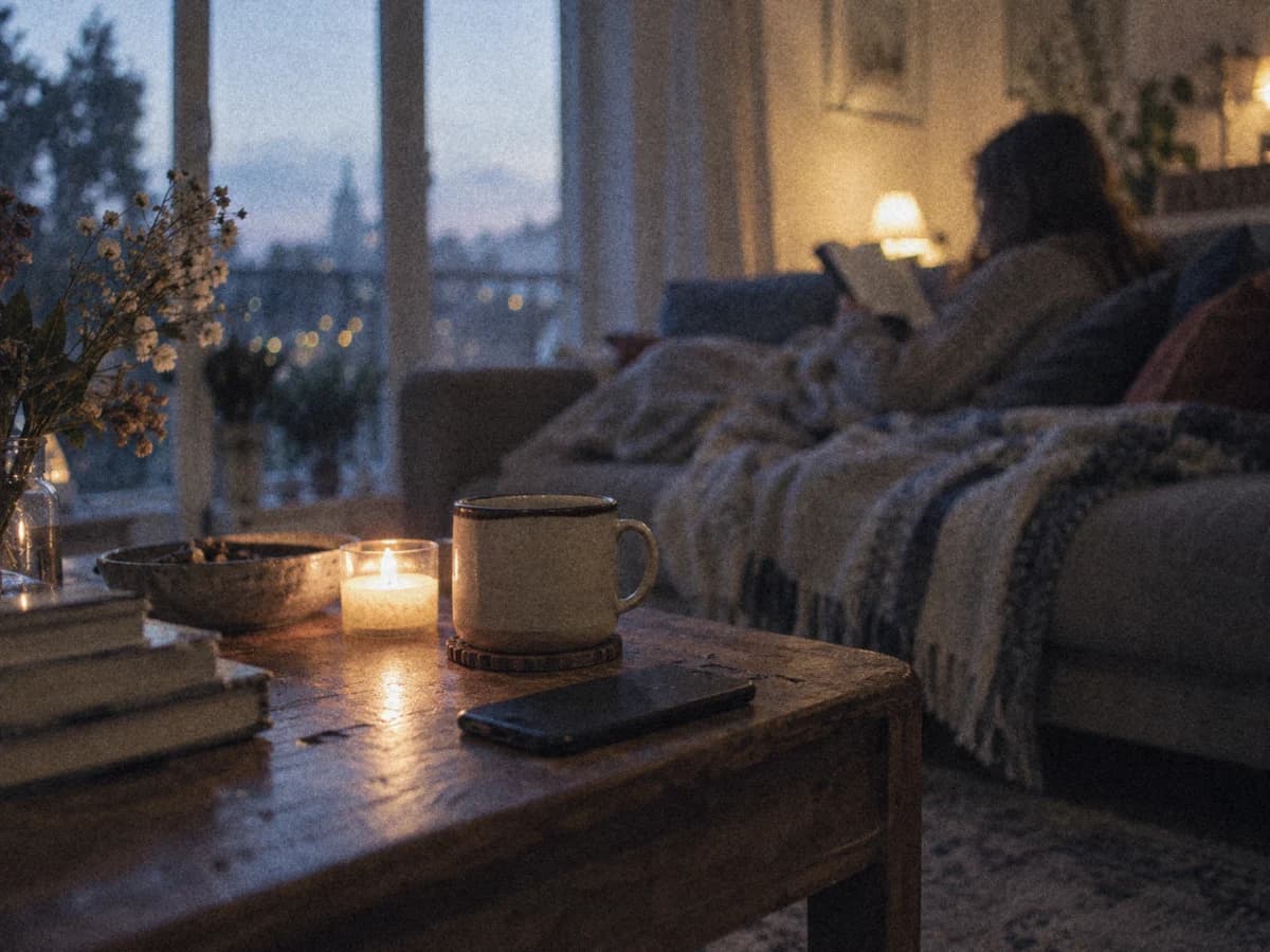 Abends auf dem Sofa: Das Smartphone liegt umgedreht auf dem Tisch